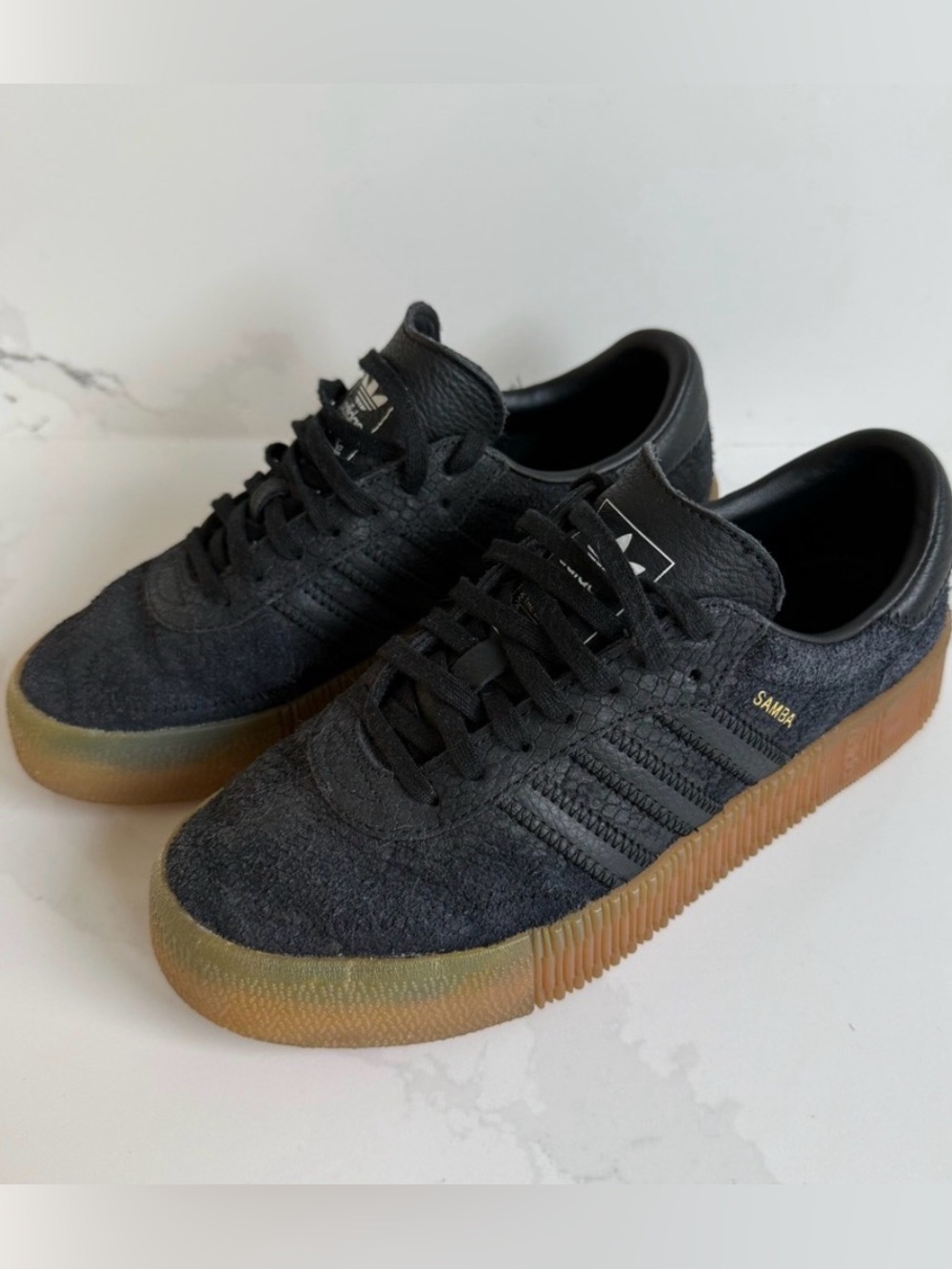 Adidas Sambarose Core Black Snakeskin Textured Sneakers with Tan Sole 6